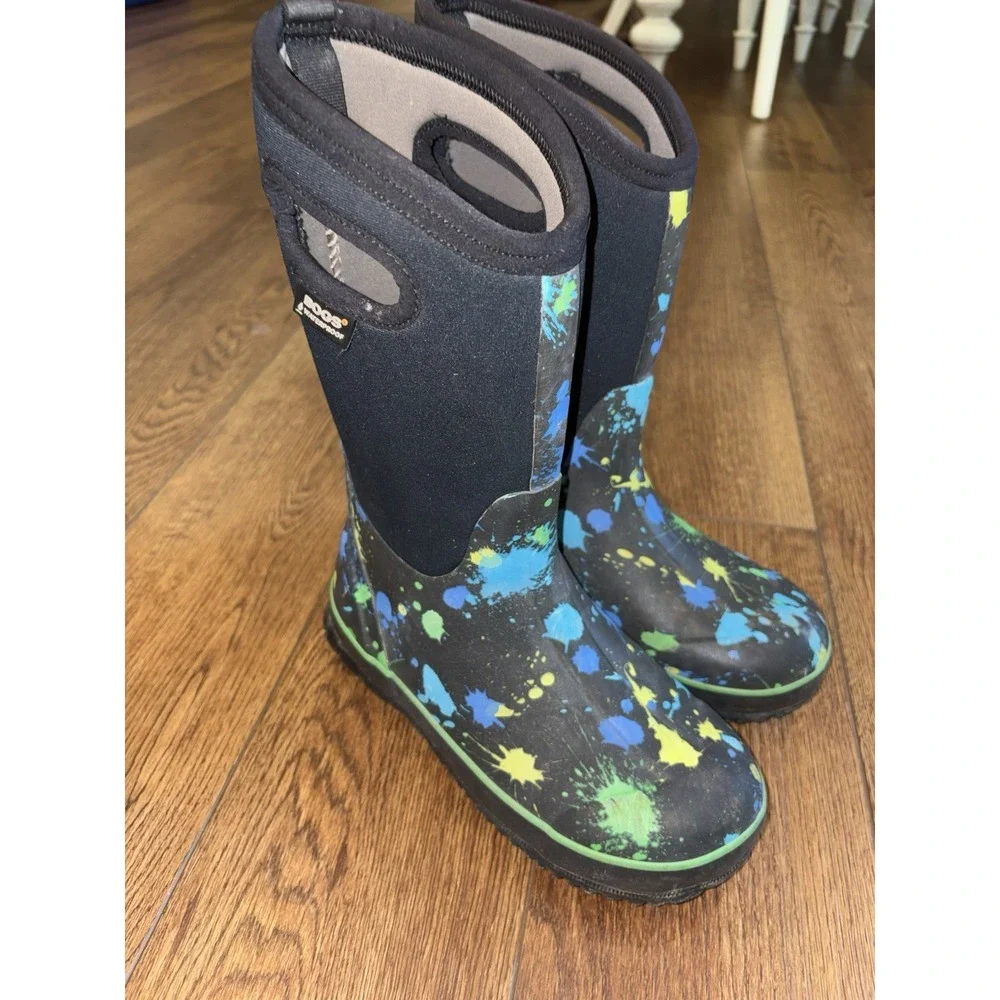 BOGS kid youth size 4 shoe blue tall insulated waterproof boots Paint Splat Boy